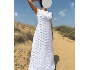 White Cotton Knit Maxi Dress / Sleeveless Summer Beach Dress