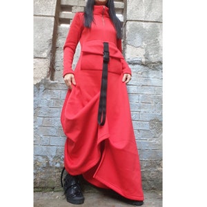Extravagant Long Dress/Asymmetric Red Dress/Winter Long Dress/Red Cotton Dress/Long Sleeve Dress/Front Pocket Dress/Warm Soft Cotton Dress