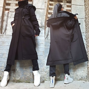 Extravagant Black Long Sweatshirt /Asymmetric Cotton Vest / Cardigan Coat /Hooded Vest / Outer Pocket Sweatshirt / Maxi Sweatshirt