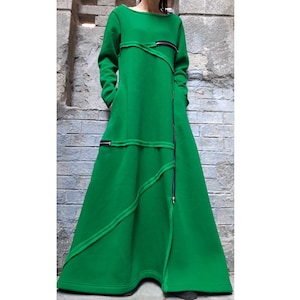 Green Cotton Maxi Dress: Long Sleeve Zipper Winter Clothing
