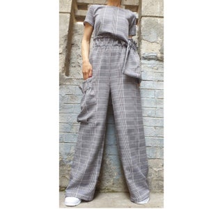 New Collection Extravagant Pants Blouse Set/Asymmetric Outwear Woman Set/High Waist Pants/Short Sleeve Top/Outer Pockets Set/Avantgarde Set