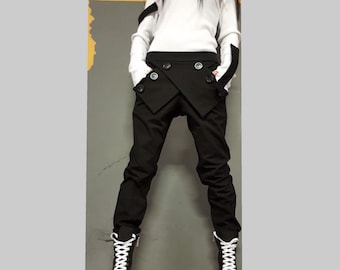 Asymmetric Black Harem Pants – Cotton Avant-Garde Trousers with Buttons / Urban Drop Crotch Pants / Designer Women’s Pants