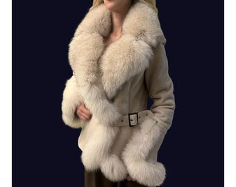 Women’s Real Sheepskin Shearling Coat with Fox Fur – 100% Genuine Lambskin Leather Winter Jacket / Handmade Luxury Coat XS–3XL