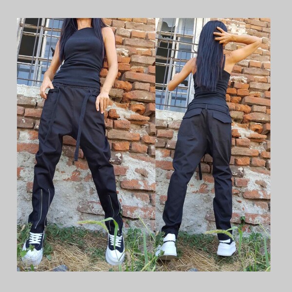 Everyday Zipper Pants/Drop Crotch Pants/Extravagant Trousers/Casual Cotton Trousers/Black Harem Pants/Loose Pants/Urban Pants