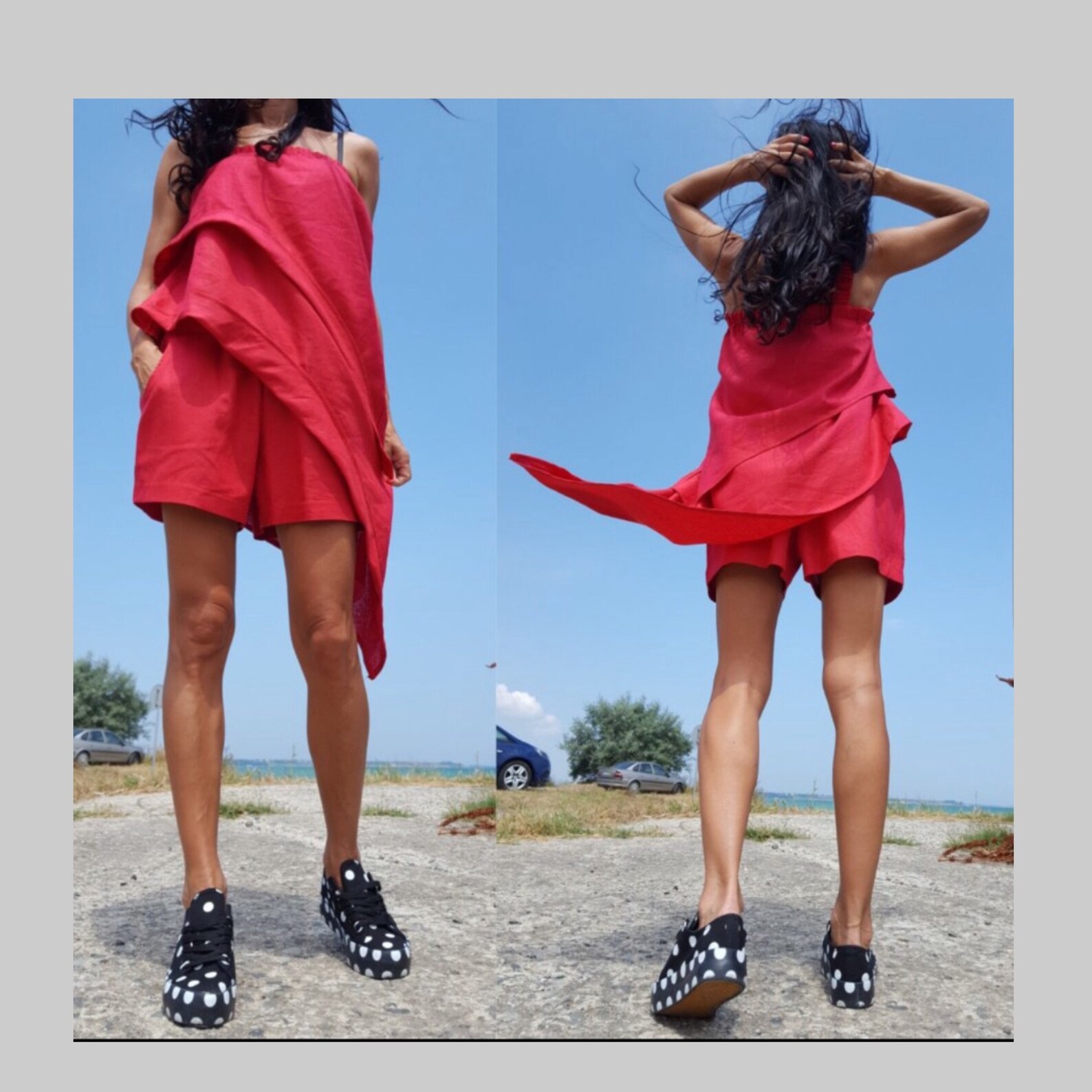 Red Linen Embroided Top and Shorts Set
