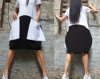 Vestido túnica extragrande blanco y negro: vestido asimétrico de algodón con bolsillos / vestido informal minimalista de verano.