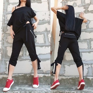 Extravagant Two Piece Woman Set/Casual Comfortable Set/Outwear Woman Outfit/Asymmetric Cotton Blouse/Everyday Summer Black Pants