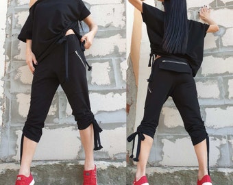 Extravagant Two Piece Woman Set/Casual Comfortable Set/Outwear Woman Outfit/Asymmetric Cotton Blouse/Everyday Summer Black Pants