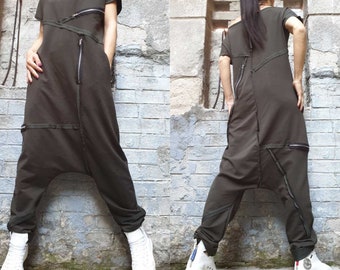 Loose Military Green Jumpsuit/Cotton Zipper Overalls/Everyday Short Sleeve Jumpsuit/Maxi Woman Clothing/Drop Crotch Jumpsuit/Harem Overalls