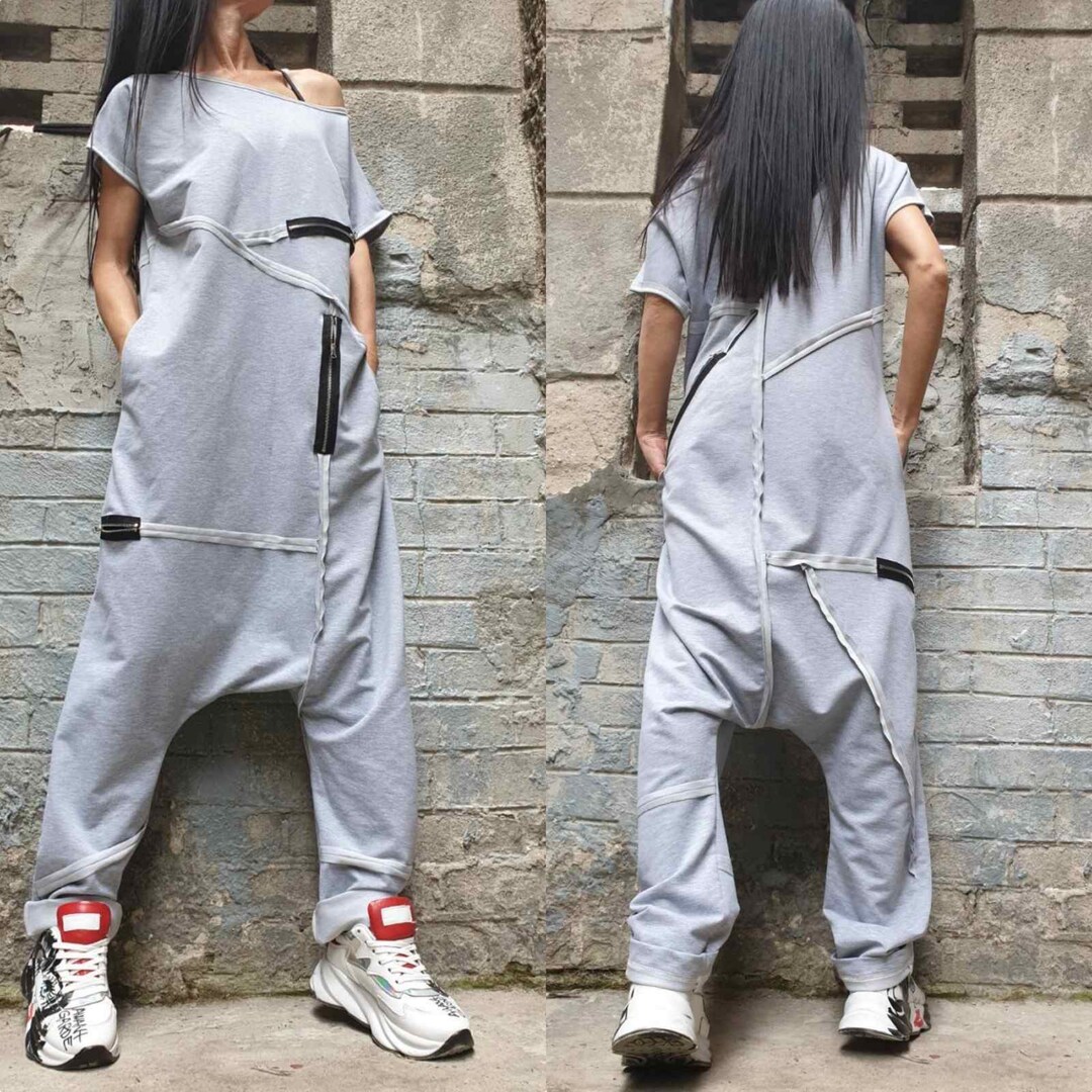 Loose Long Wide Grey Jumpsuit/harem Cotton Overalls/oversize Woman