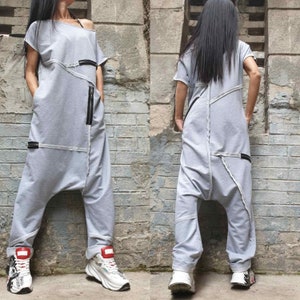 Loose Long Wide Grey Jumpsuit/Harem Cotton Overalls/Oversize Woman Jumpsuit/Extravagant Drop Crotch Overalls/Casual Comfortable Overalls