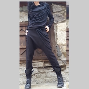 Casual Comfortable Tracksuit/Extravagant Black Set/Two Piece Outfit/Designer Urban Set/Drop Crotch Pants/Loose Blouse/Harem Women Set