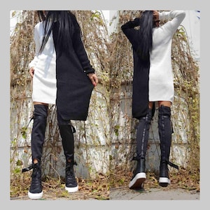 Winter Asymmetric Long Tunic/Comfortable Tunic/Wool Tunic Sweater/Extravagant Black White Sweater/Long Sleeve Sweater/Women Tunic Sweater