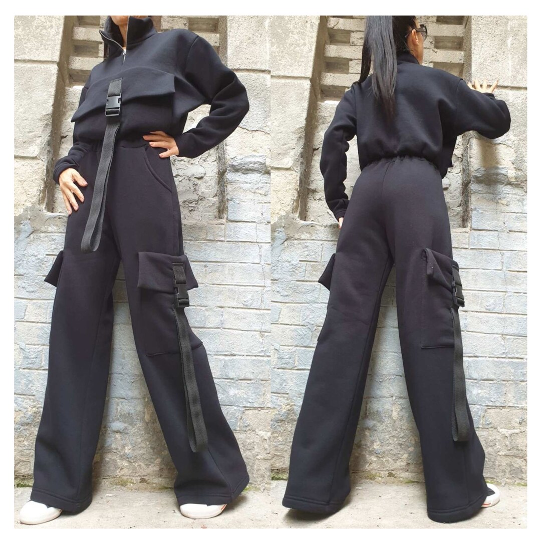POLYSILK CONTRAST BAND 2PC PANT SET - BLACK