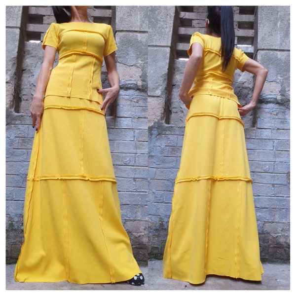 Extravagant Skirt Top Set/Yellow Cotton Set/High Waist Long Skirt/Short Sleeve Yellow Blouse/Casual Comfortable Set/Party Two Piece Set