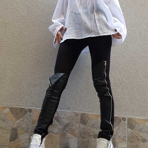 Leather Black Leggings/Extravagant Leggings/Designer Leggings/Avant-Garde Leggings/Black  Women Pants/Leggings whit Zipper/Everyday Pants