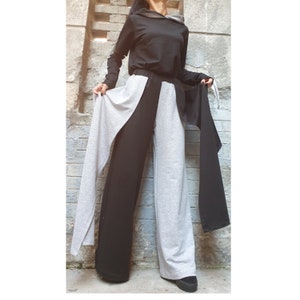 New Extravagant Black Grey Set/Casual Cotton Pants Blouse Set/Asymmetric Outwear Woman Set/Wide Leg Pants/Hooded Sport Elegant Blouse