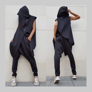 Extravagante set/katoenset dames/mouwloze zwarte set/Damesset met capuchon dagelijkse haremvrouwen/designer zwarte outfit/asymmetrische outfit