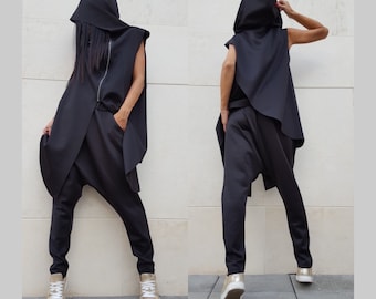 Extravagant Set/Women Cotton Set/Sleeveless Black Set/Women Hood Everyday Harem Women Set/Designer Black Outfit/Asymmetric Outfit
