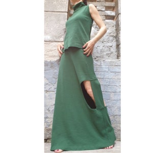 New Collection Extravagant Set/Green Skirt Top Set/High Waist Long Skirt/Open Back Top/Cotton Summer Two Piece Set/High Collar Green Top
