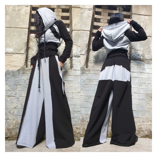 New Collection Extravagant Woman Set/Avantgarde Outwear Woman Outfit/Wide Leg Pants/Two Piece Soft Cotton Set/Long Sleeve Blouse/Harem Set