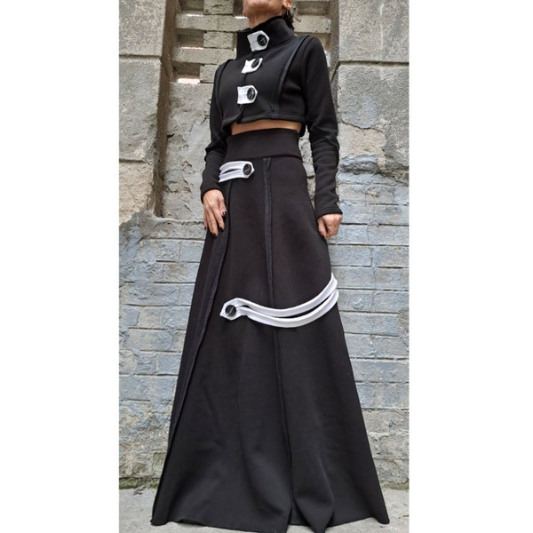 New High Waist Skirt/Everyday Long Black White Skirt/Extravagant Cotton Skirt/Winter Warm Skirt/Maxi Woman Skirt/Outwear Woman Black Skirt