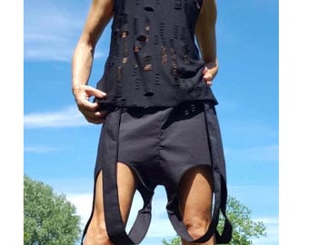 Black Asymmetric Cotton Shorts – Avant Garde Harem Shorts with Cutout Straps & Elastic Waist