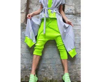 Asymmetric Pants Vest Set/Extravagant Two Piece Outfit/Harem Green Pants/Hooded Long Short Vest/Everyday Outwear Woman Outfit/Casual Set