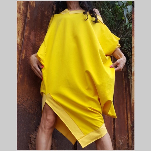 Tunique décontractée confortable / Maxi robe jaune / robe tunique extravagante / tunique asymétrique en coton / tunique pour femmes à une épaule / tunique de tous les jours ample