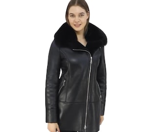 Chaqueta de cuero de invierno con cuello de piel de zorro