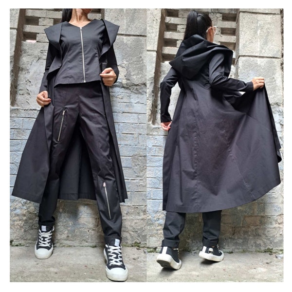 New Daywear Black Set /Avantgarde Asymmetric Pants Blazer Set/ Short Long Hooded Blazer/ Casual Zipper Pants/ Extravagant Black Cotton Set