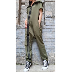 Urban Military Green Jumpsuit/Harem Cotton Overall/Casual Hooded Jumpsuit/Loose Short Sleeve Overalls/Maxi Jumpsuit/Side Pocket Overalls