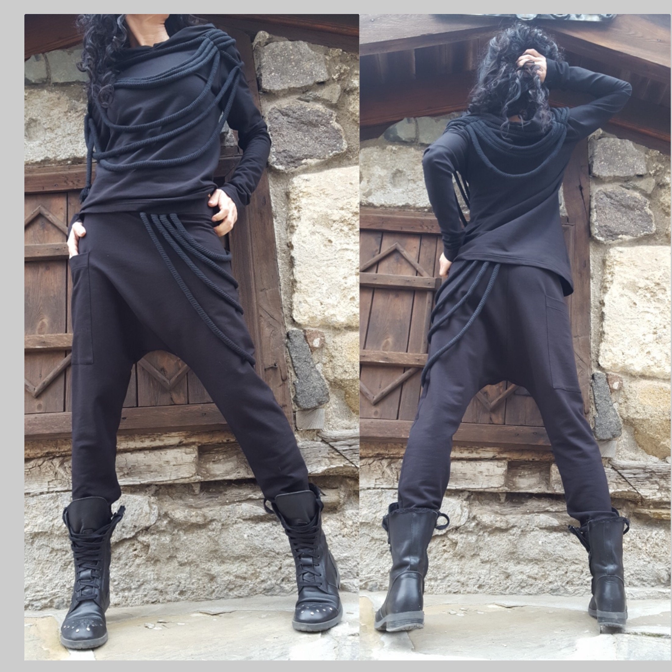 Casual Comfortable Tracksuit/extravagant Black Set/two Piece  Outfit/designer Urban Set/drop Crotch Pants/loose Blouse/harem Women Set 