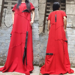 Red Long Dress / Loose Cotton Dress / Extravagant Zipper Dress / Short Sleeve Dress / Maxi Clothing / Avantgarde Dress / Designer Dress