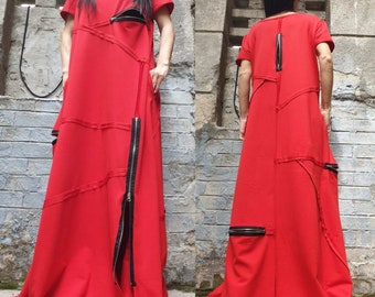 Extravagant Dress/Red Zipper Dress/Loose Woman Dress/Short Sleeve Dress/Casual Kaftan Dress/Maxi Woman Clothing/Summer Dress/Everyday Dress