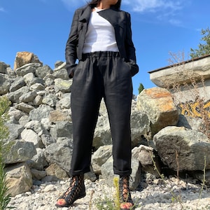 Linen Two-Piece Set / Cropped Jacket & Ankle-Length Pants / Women’s Linen Suit with Pockets / Sizes S-5XL / AngelBySilvia
