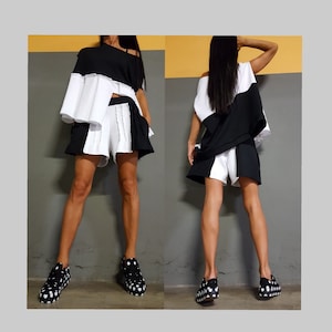 Black & White Cotton Short Set: Asymmetrical Blouse, Extravagant Design