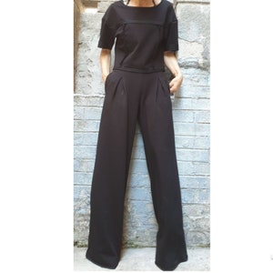 New Two Piece Outwear Woman Set/Short Sleeve Blouse/High Waist Long Pants/Extravagant Woman Set/Black Cotton Pants Blouse Set/Wide Leg Pants