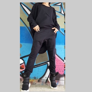 Black Cotton Two Piece Set: Asymmetric Blouse & Pants