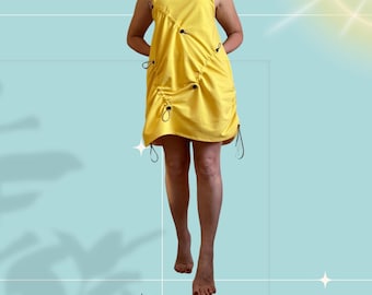 Yellow Drawstring Summer Dress – Sleeveless Halter Style with Adjustable Ruching