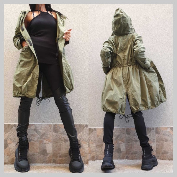 Spring Blazer/Hooded Raincoat /Taffeta Trench Jackets/Extravagant Raincoat /Asymmetric Green Raincoat/Casual Comfortable Raincoat/Jackets