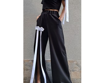 Asymmetric Black Cotton Set with Bow Detail – One Shoulder Top & High Waist Wide Leg Pants