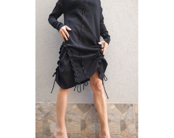 Black Asymmetric Tunic Dress – Long Sleeve High Collar Cotton Rib Dress with Adjustable Drawstrings / XS–5XL