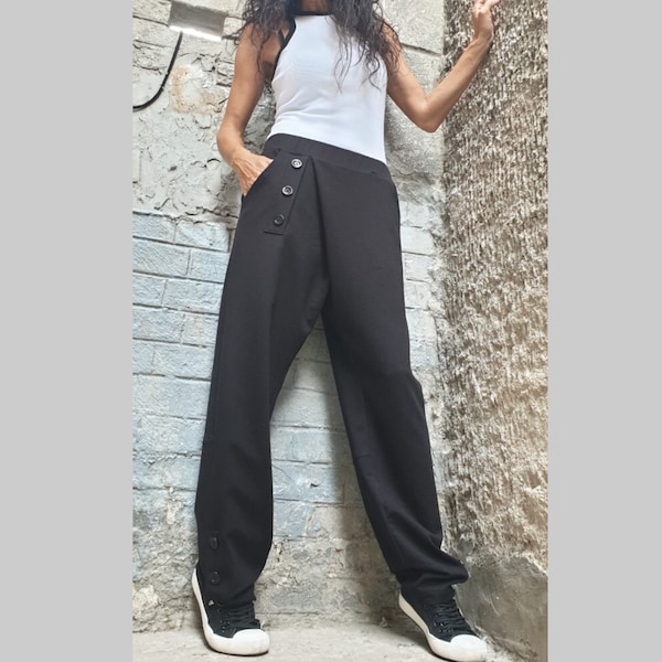 Pantalon décontracté confortable/Jambes larges/Pantalon ample en coton/Pantalons femme de tous les jours/Pantalon de sport élégant/Pantalon long noir extravagant/Pantalon