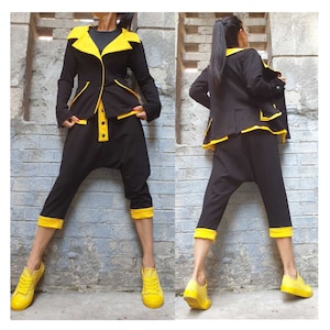 New Collection Casual Outwear Woman Set/Extravagant Blazer Pants Set/Black Yellow Cotton Set/Everyday Comfortable Set/Maxi Woman Clothing