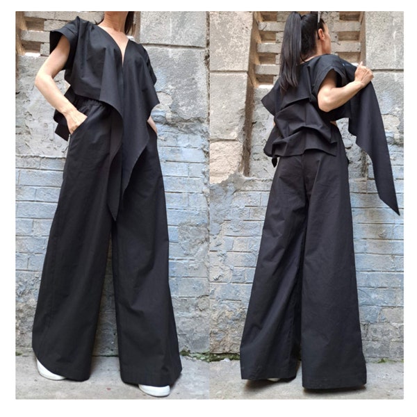 New Black Cotton Set/High Waist Palazzo Pants/Short Sleeve Asymmetric Shirt/Casual Outwear Woman Set/Extravagant Black Set/Black Top Pants