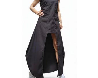 Black Asymmetric Maxi Dress, Avant Garde Cotton Dress / Minimalist Tunic Dress / Architectural Designer Dress / Summer Black Dress