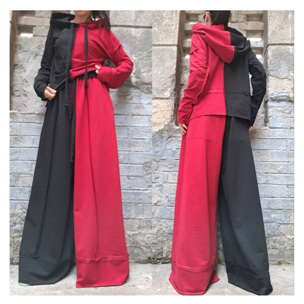 Two Color Set/High Waist Pants/Extravagant Outwear Woman Set/Pants And Sweatshirt Set/Cotton Hooded Set/Loose Woman Outfit/Avantgarde Set