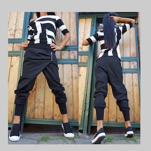 Asymmetric Black Cotton Pants / Women’s Avant Garde Jogger Trousers / Elastic Waist Stretch Pants with Cuffed Legs / Streetwear Pants XS–5XL
