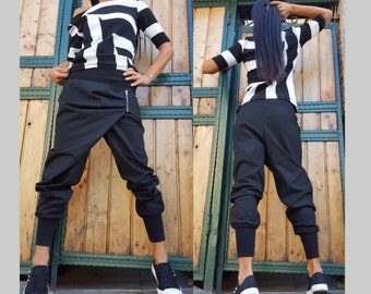 Asymmetric Black Cotton Pants / Women’s Avant Garde Jogger Trousers / Elastic Waist Stretch Pants with Cuffed Legs / Streetwear Pants XS–5XL